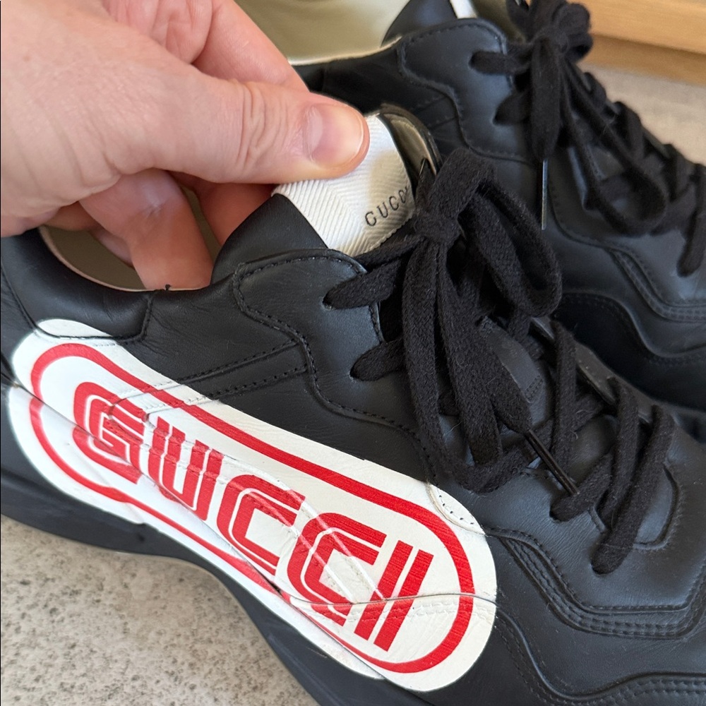 Gucci Black Leather Sneakers with White and Red Logo Patch - Picture 6 of 7
